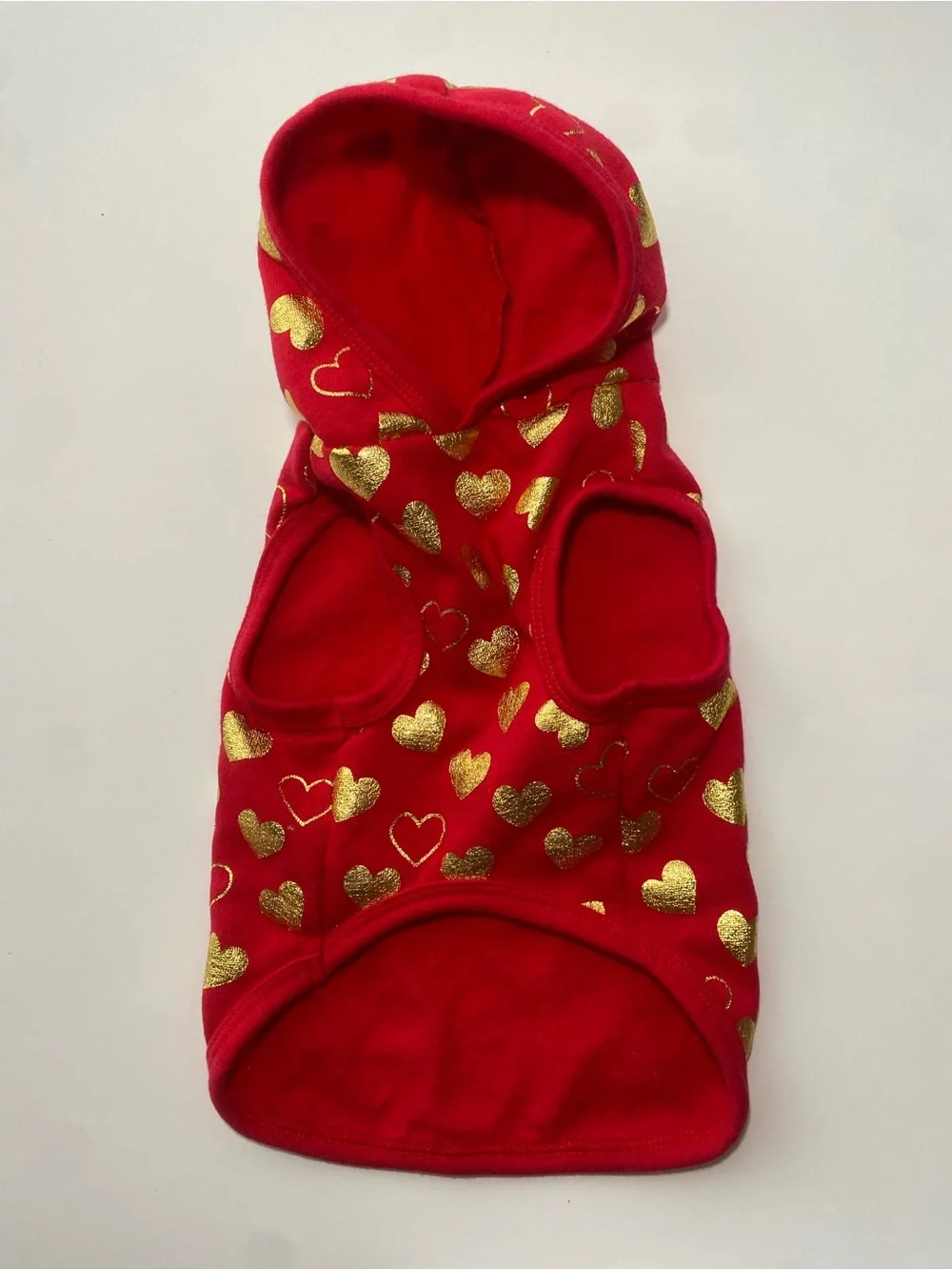 Red Gold Foil Heart Print Valentine’s Day Dog Hoodie w Leash Harness Hole Small